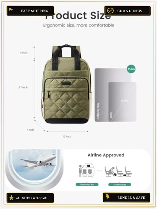Puffer Backpack Women 15.6 Laptop Quilted Travel Work Bag Anti-Theft Water main image 4
